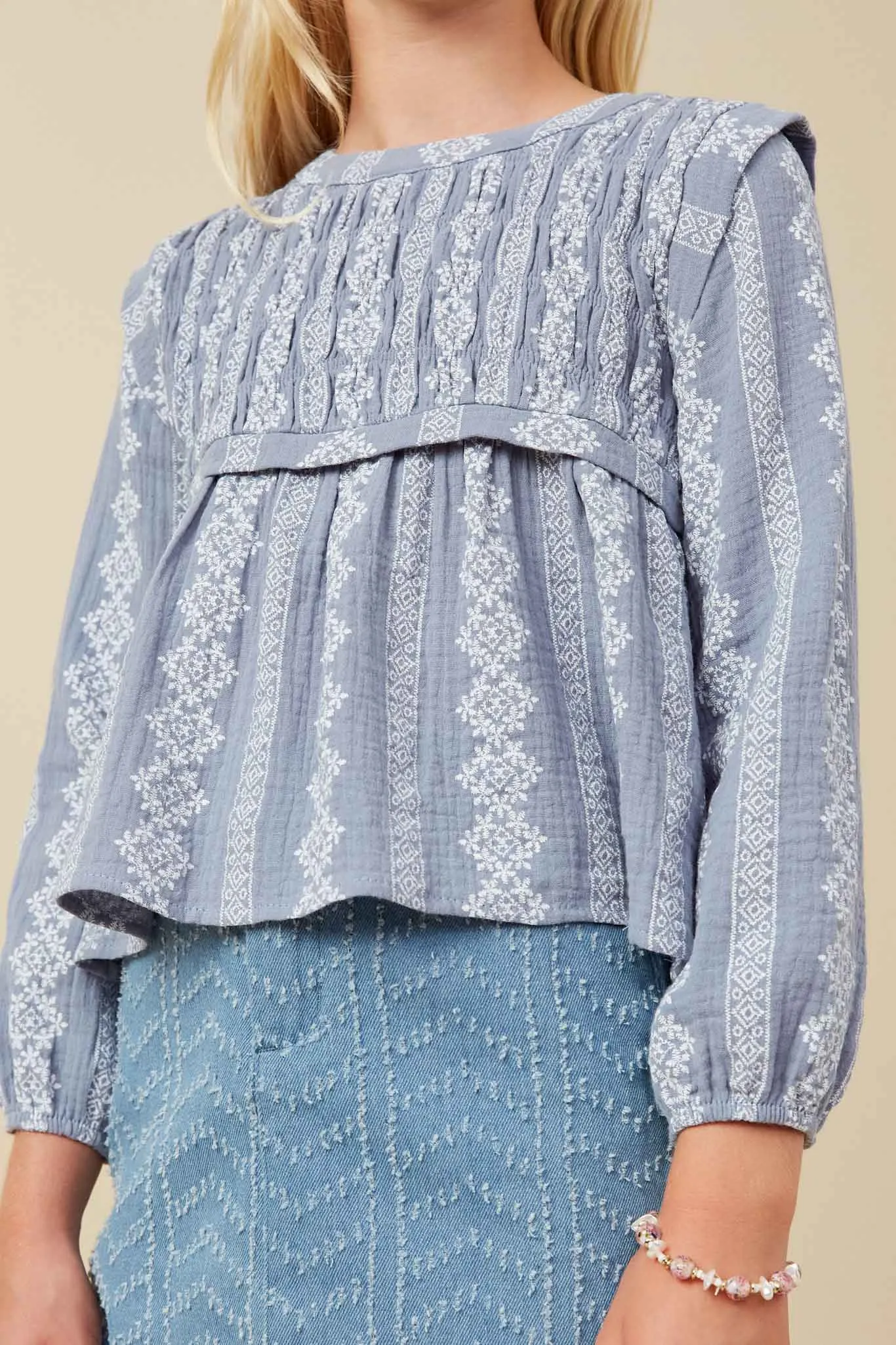 Embroidery Printed Smocked Long Sleeve Top