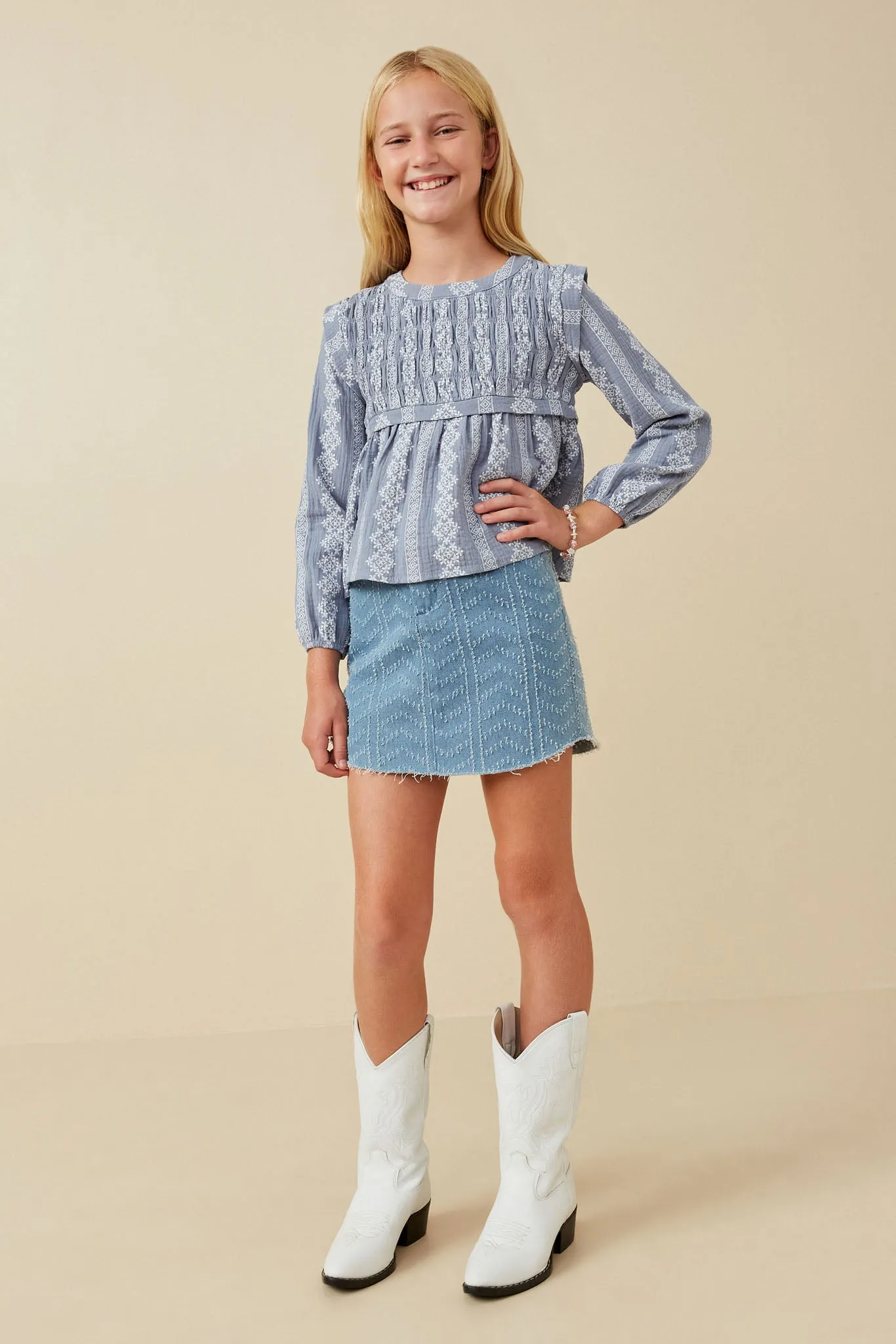 Embroidery Printed Smocked Long Sleeve Top