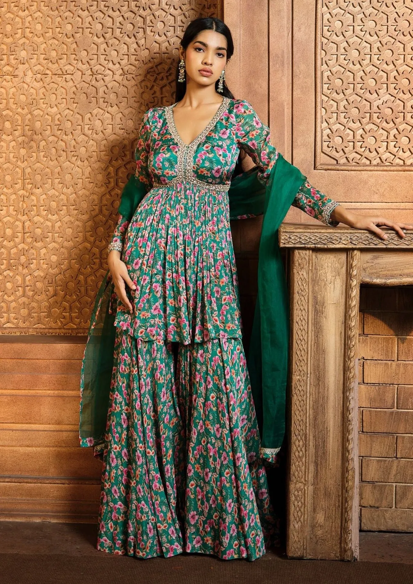 Emerald green printed sharara set