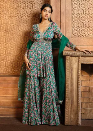 Emerald green printed sharara set