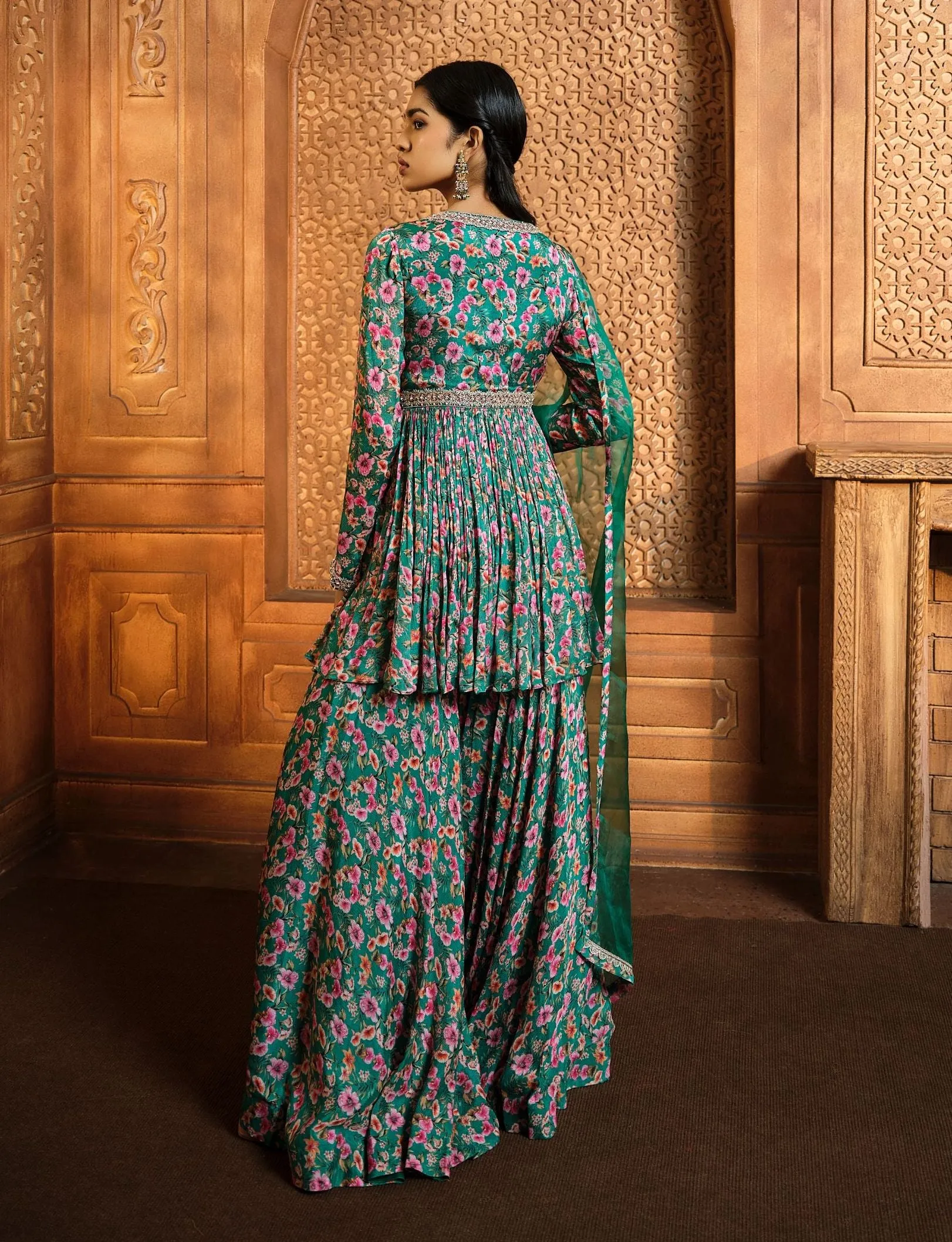 Emerald green printed sharara set