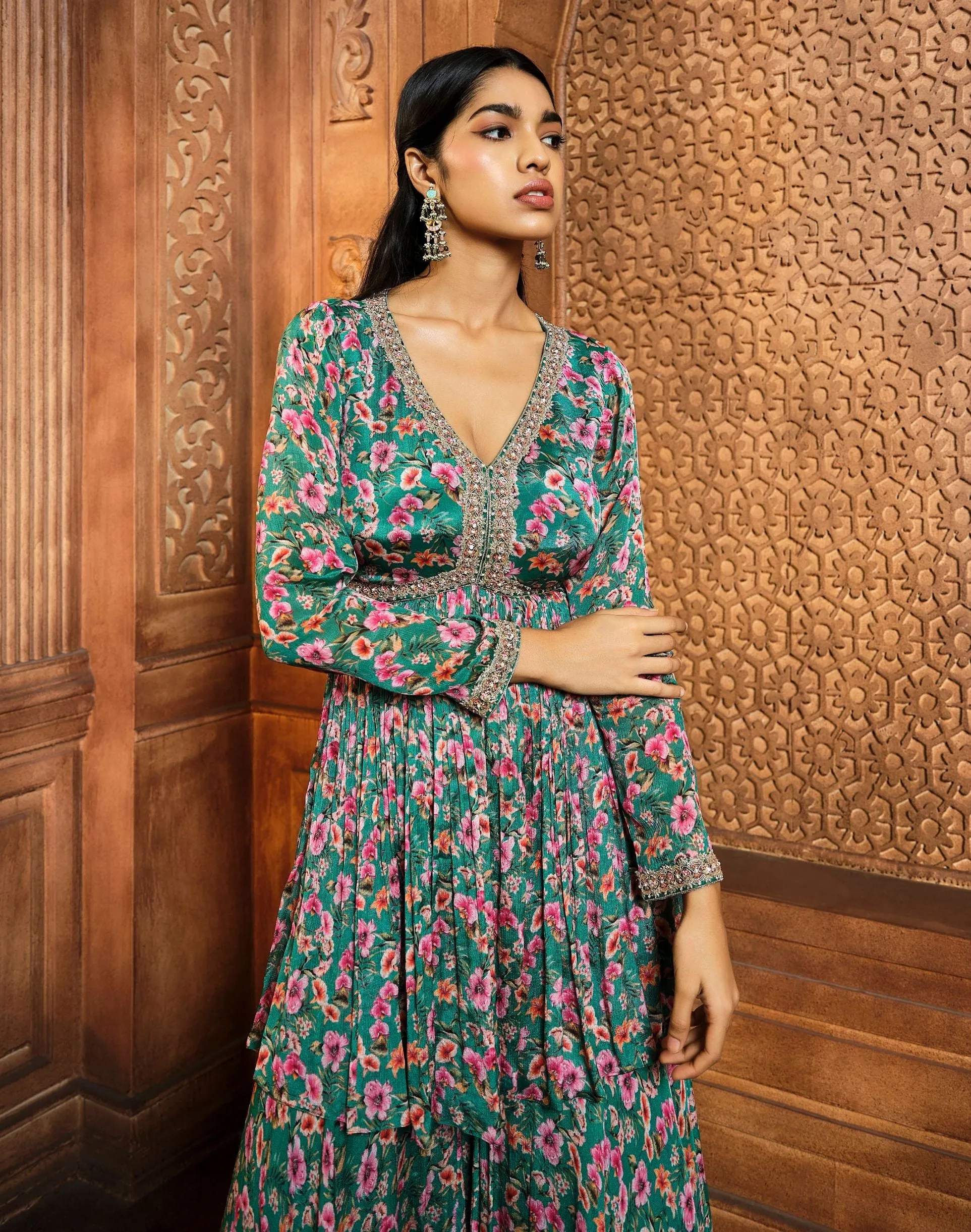 Emerald green printed sharara set