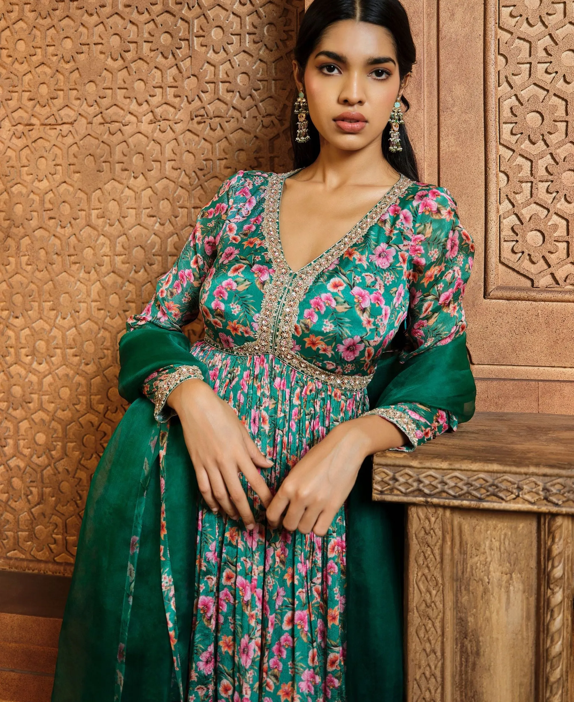 Emerald green printed sharara set