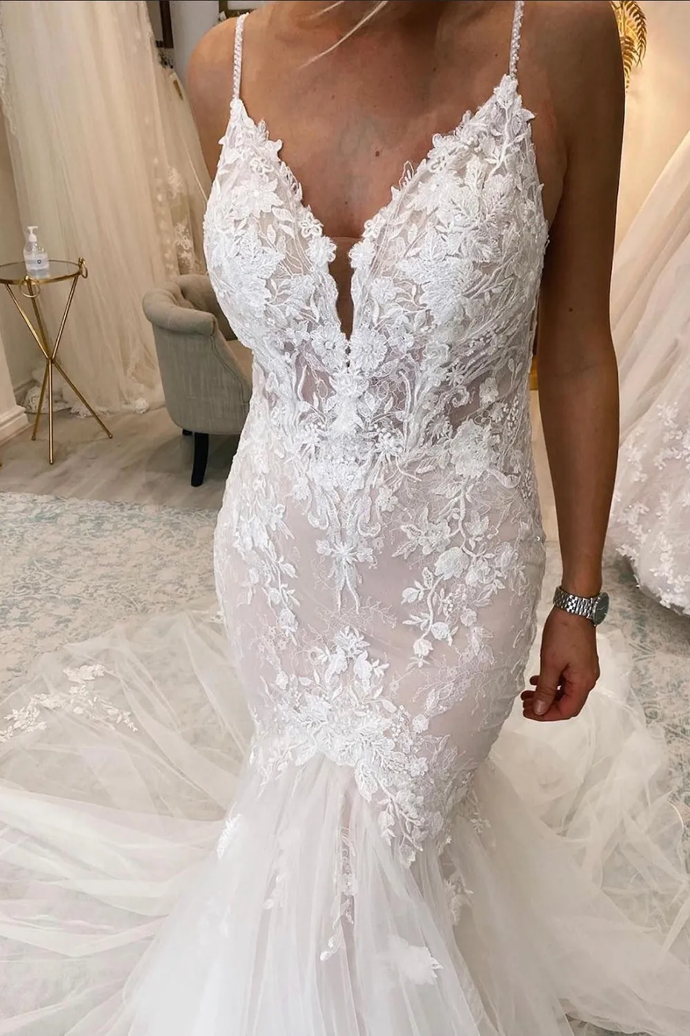 Emerald | Ivory Mermaid Tulle Spaghetti Straps Long Wedding Dress