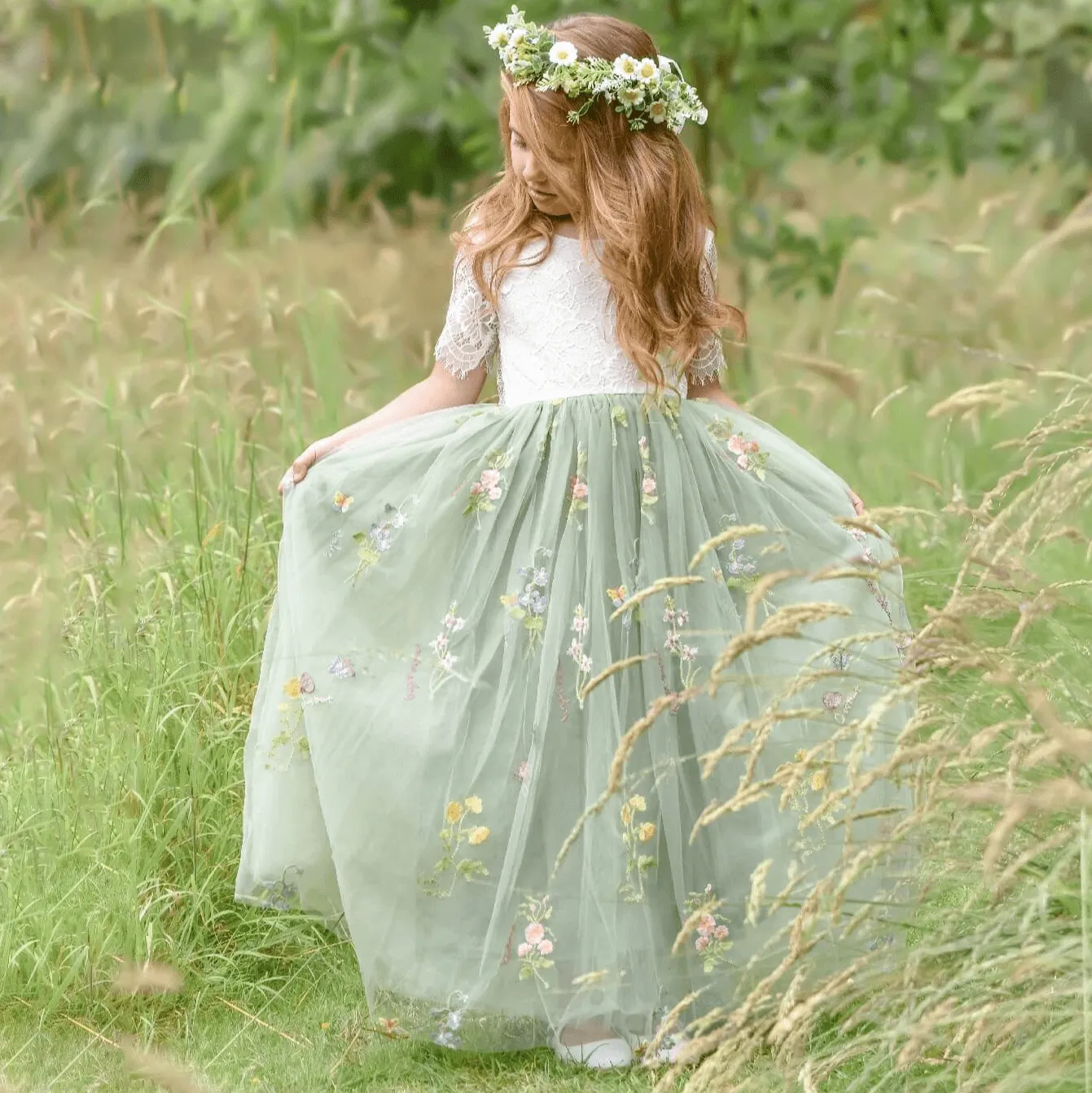 Enchanted Dress - Fern Green /White Lace