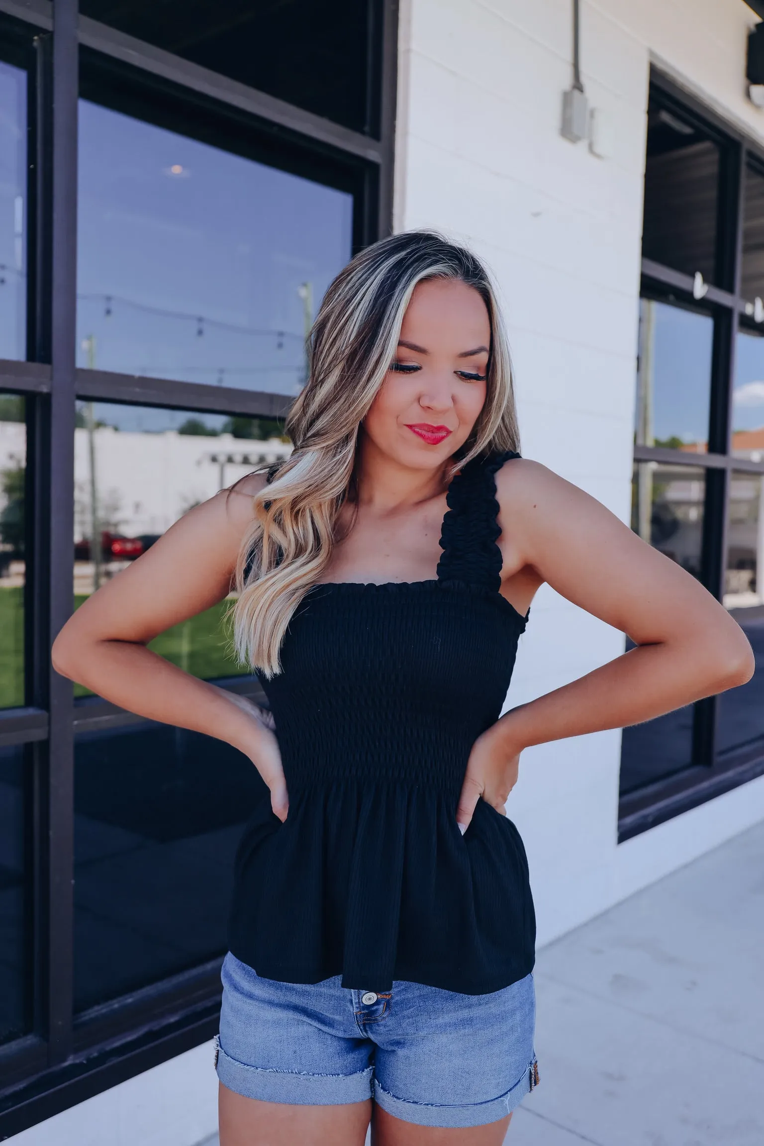 Endless Summer Smocked Peplum Top - Black