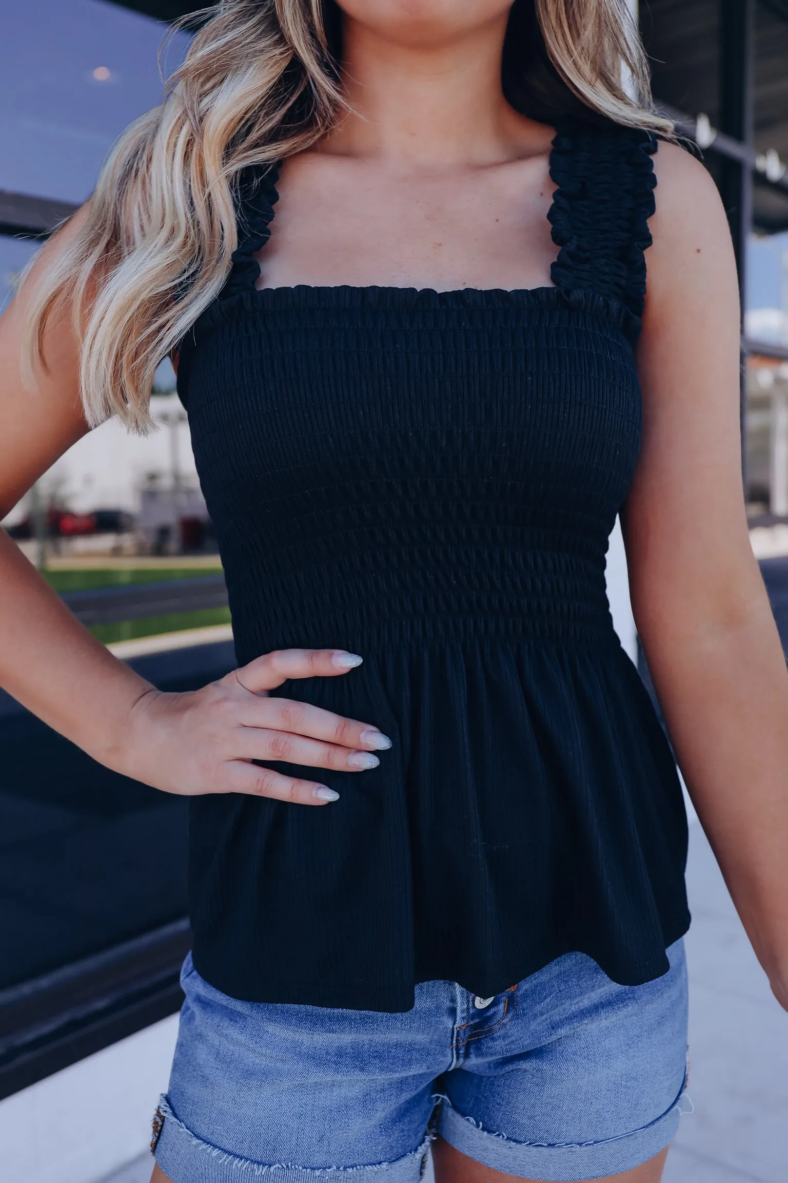 Endless Summer Smocked Peplum Top - Black