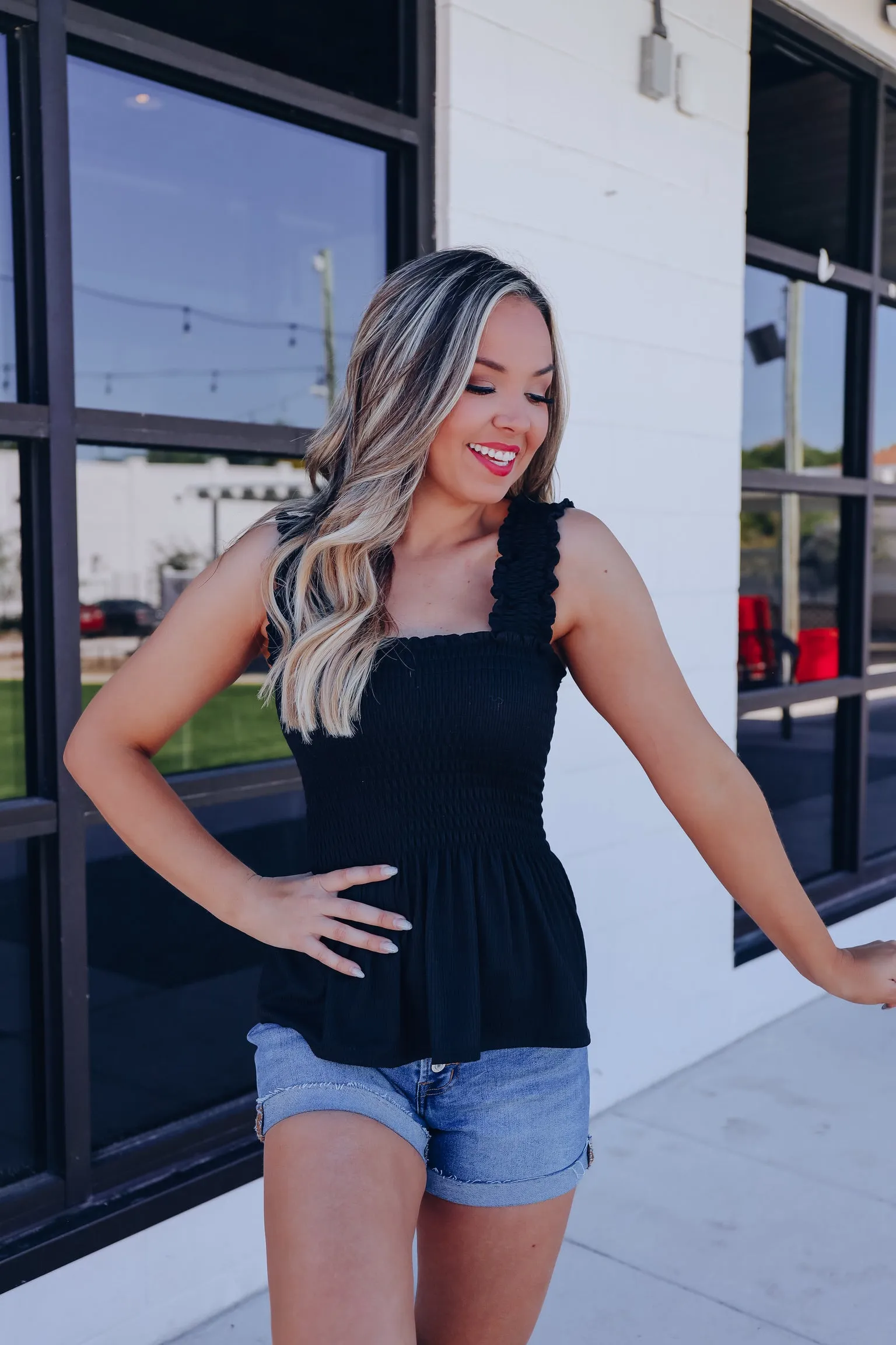 Endless Summer Smocked Peplum Top - Black