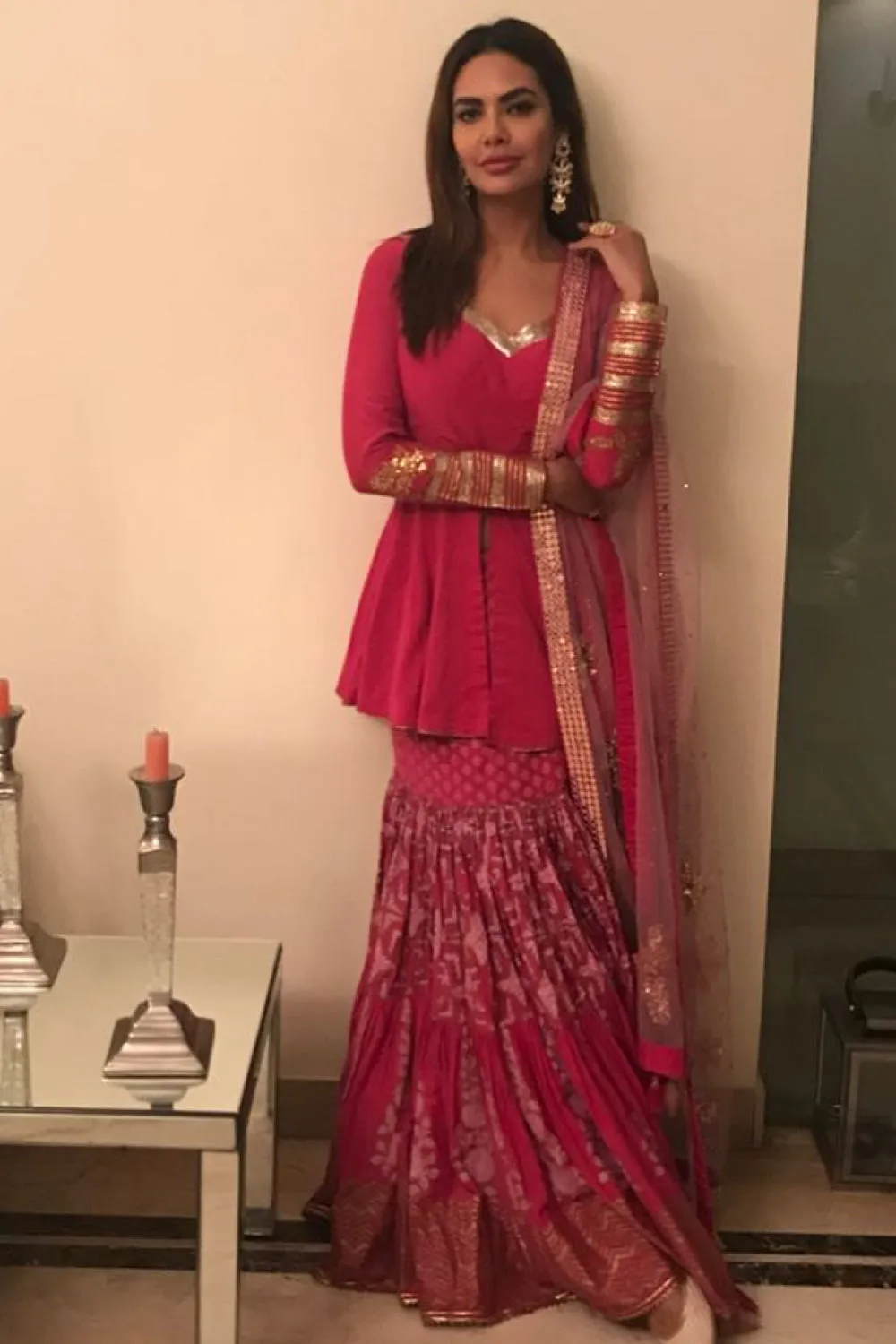 Esha Gupta in our Printed & Sequence Gota Embroidered Skirt Set