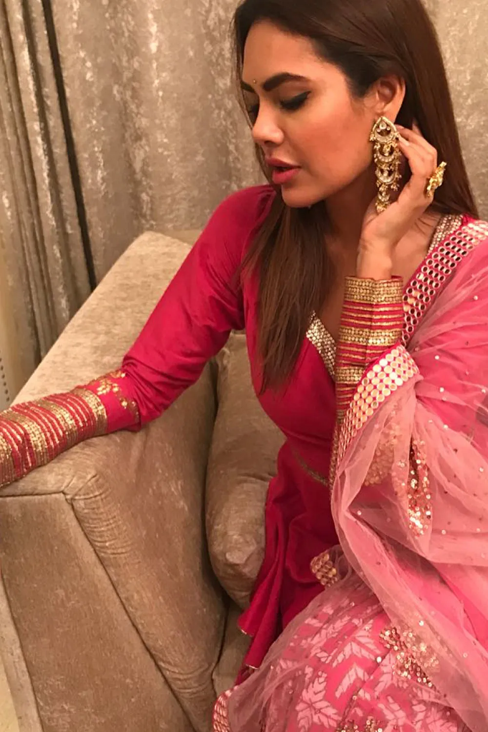 Esha Gupta in our Printed & Sequence Gota Embroidered Skirt Set