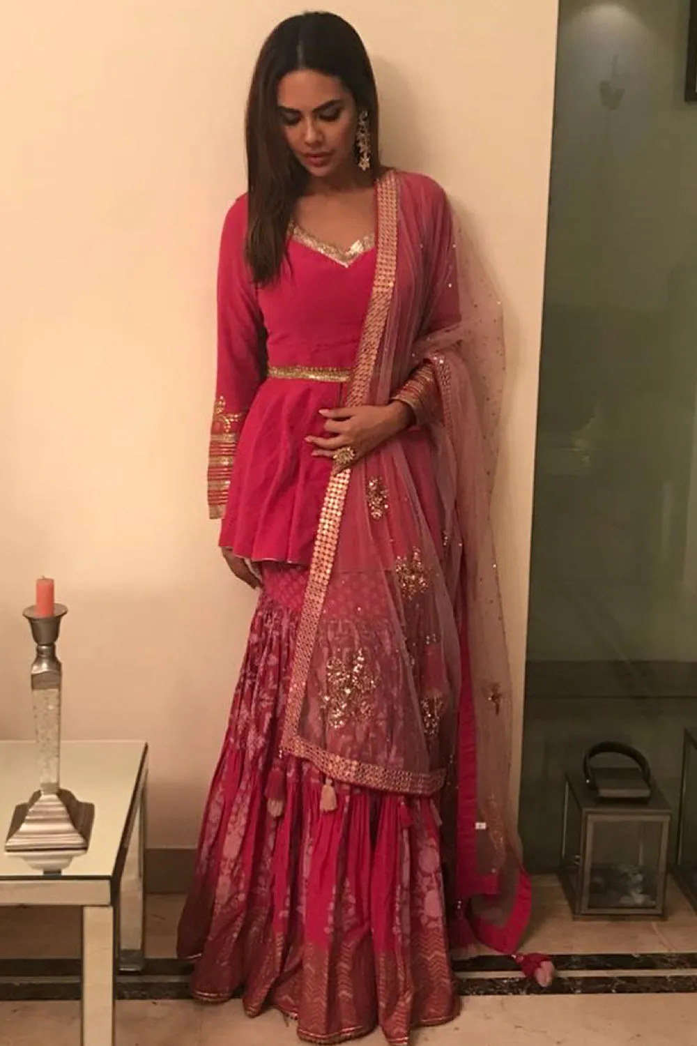 Esha Gupta in our Printed & Sequence Gota Embroidered Skirt Set