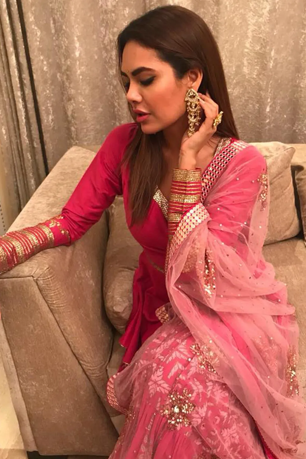 Esha Gupta in our Printed & Sequence Gota Embroidered Skirt Set