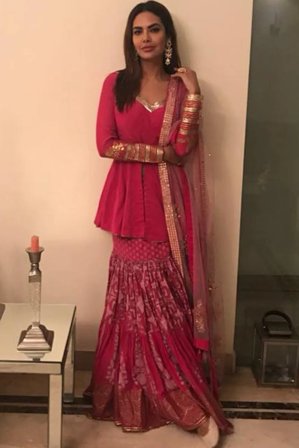 Esha Gupta in our Printed & Sequence Gota Embroidered Skirt Set