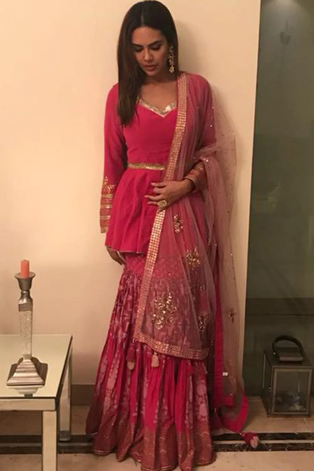 Esha Gupta in our Printed & Sequence Gota Embroidered Skirt Set