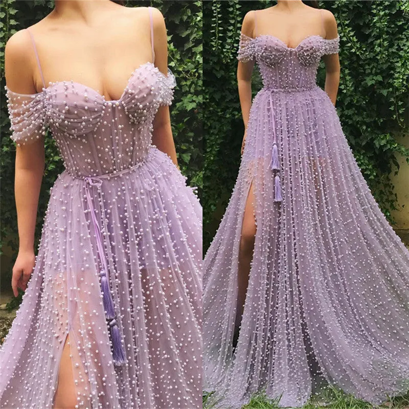 Exquisite Sweetheart Front Slit Long Affordable Tulle Pearls Off-the-Shoulder Prom Dress
