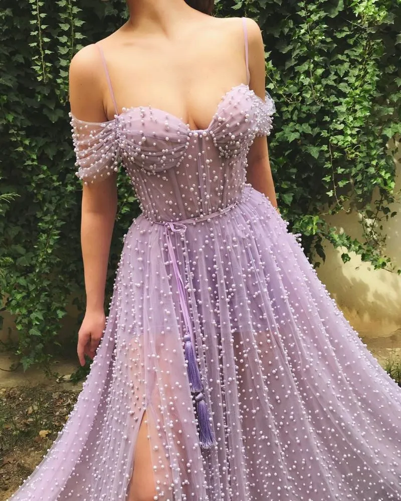 Exquisite Sweetheart Front Slit Long Affordable Tulle Pearls Off-the-Shoulder Prom Dress