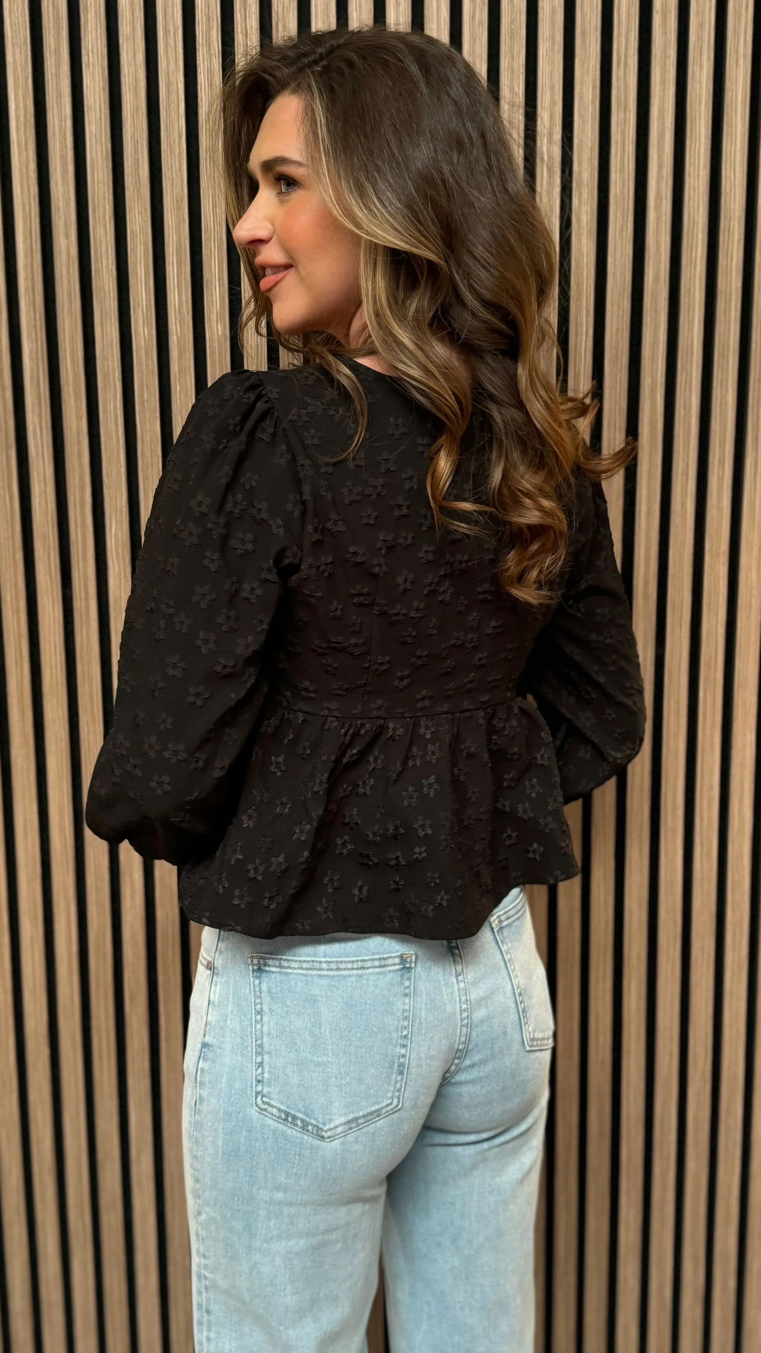 Farren Black Floral Printed Button Down Peplum Top