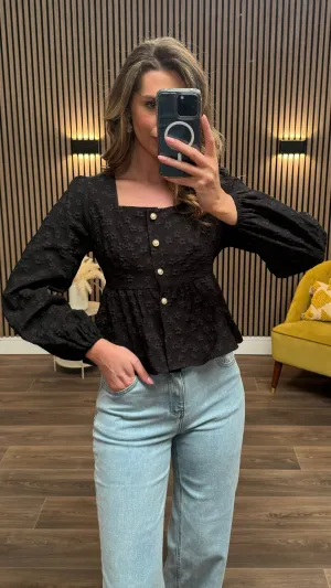 Farren Black Floral Printed Button Down Peplum Top