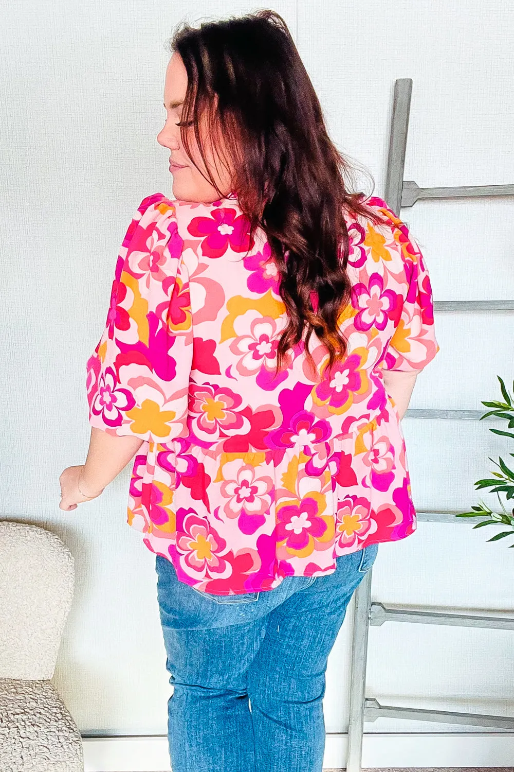 Find Love Pink/Yellow Floral Frill Balloon Short Sleeve Top