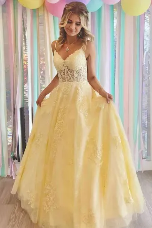 Floor Length Yellow Prom Dresses Lace V-Neck 2024 Long Formal Dresses