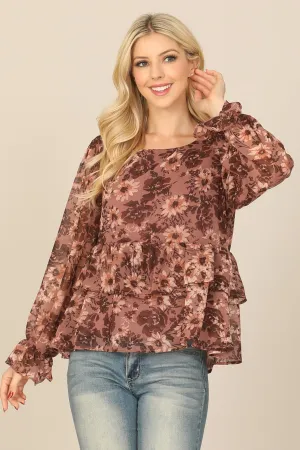 FLORAL LONG SLEEVE DOUBLE LAYERED PEPLUM TOP