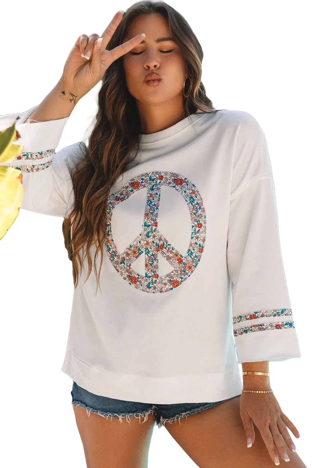 Floral Peace Sign Graphic Casual Top