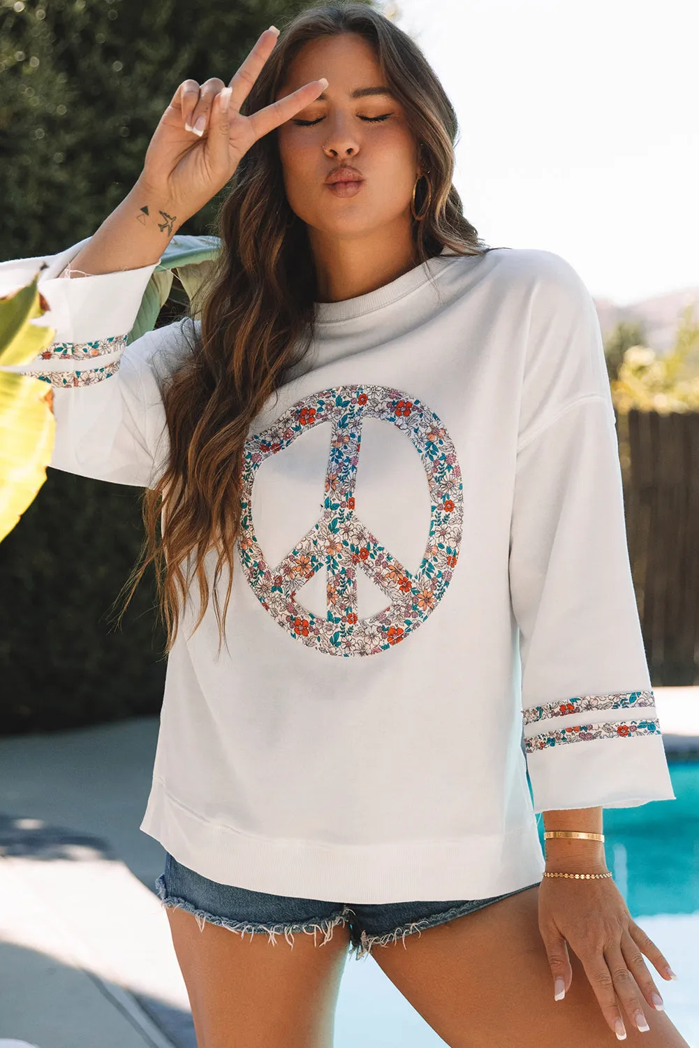 Floral Peace Sign Graphic Casual Top
