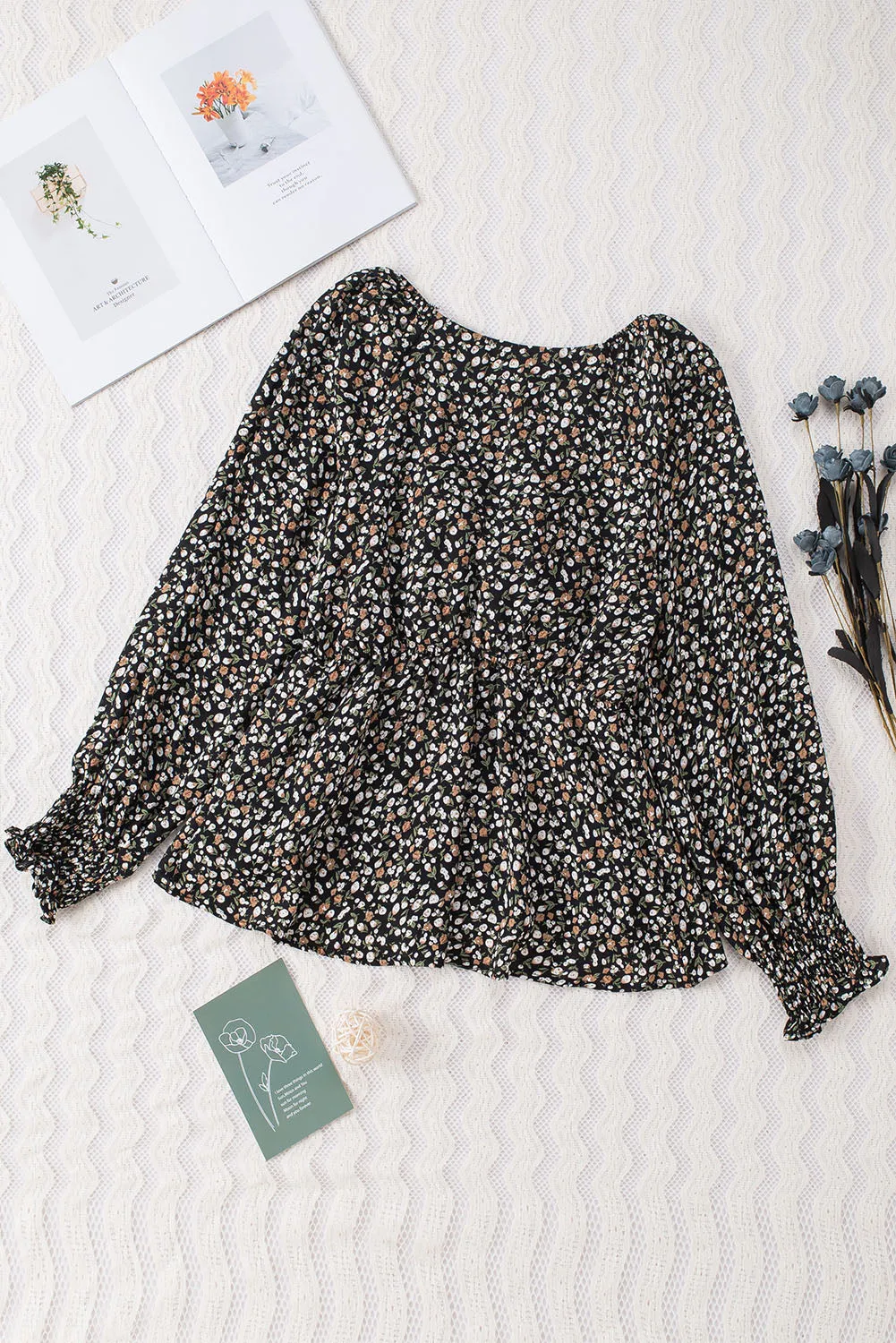 Floral Print Front Tie Ruffled Long Sleeve Blouse