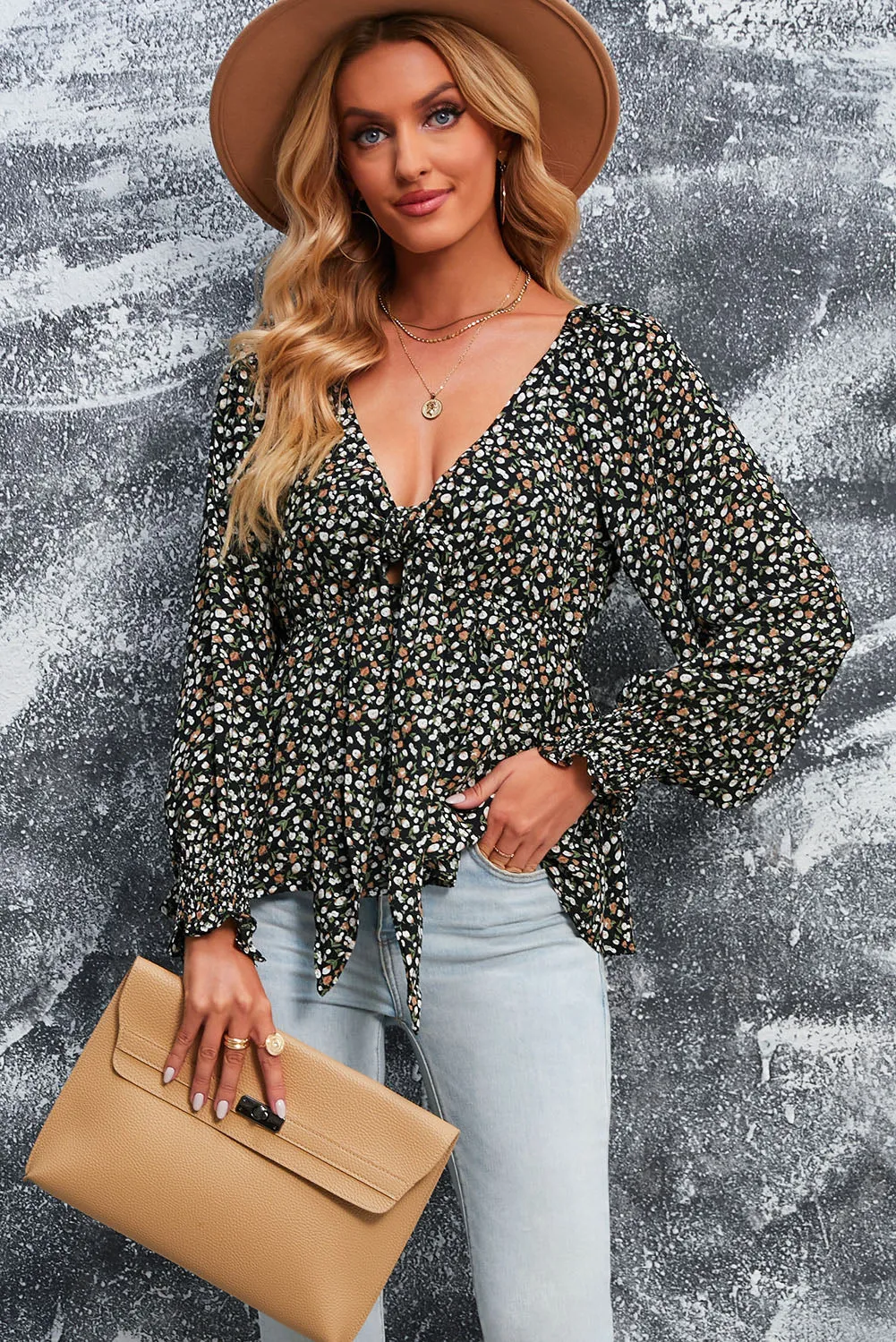 Floral Print Front Tie Ruffled Long Sleeve Blouse