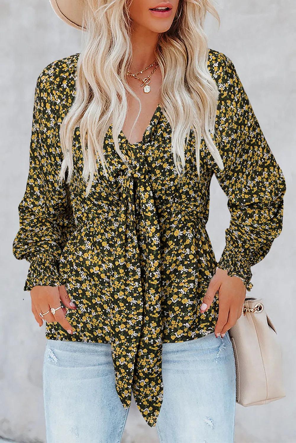 Floral Print Front Tie Ruffled Long Sleeve Blouse