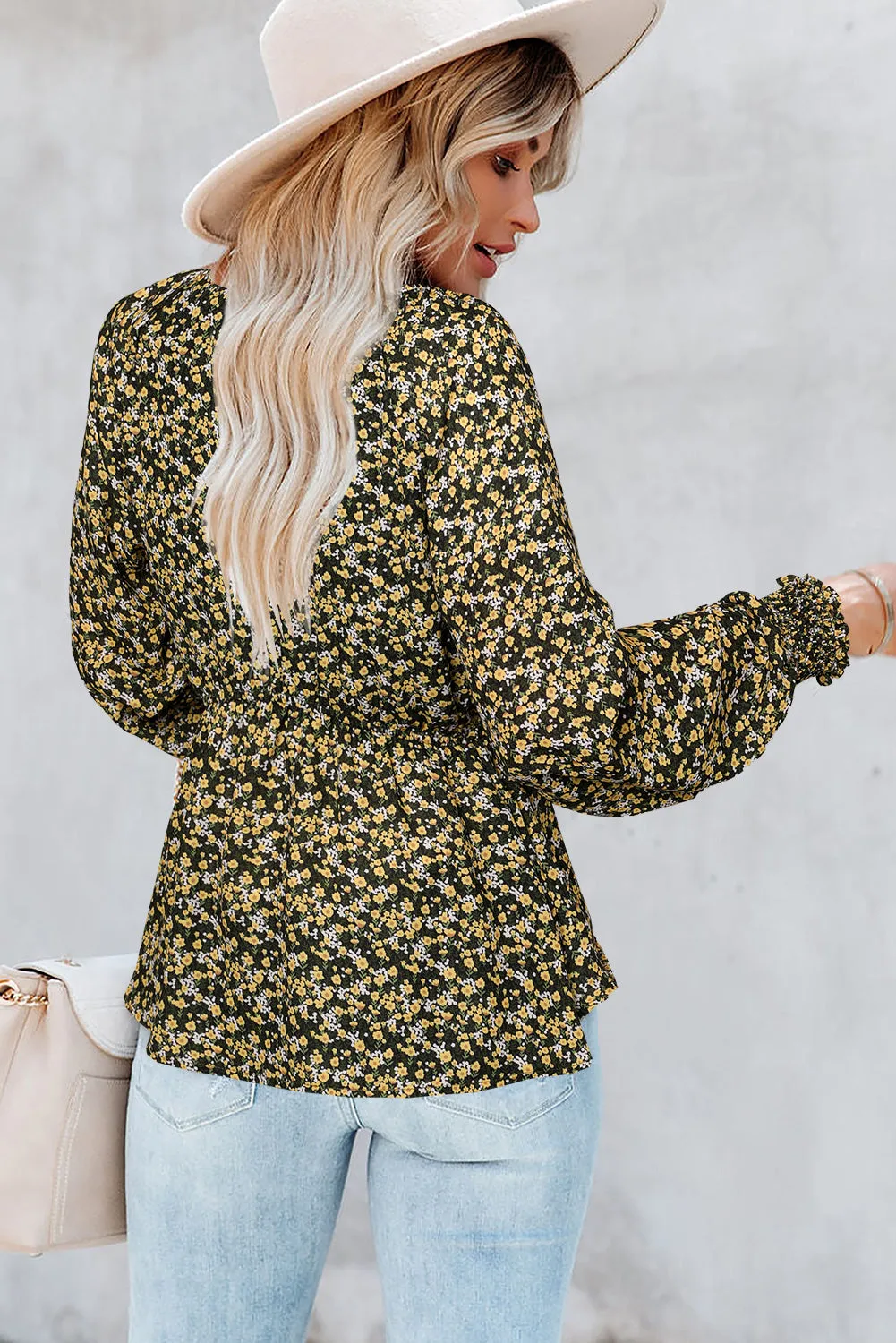 Floral Print Front Tie Ruffled Long Sleeve Blouse