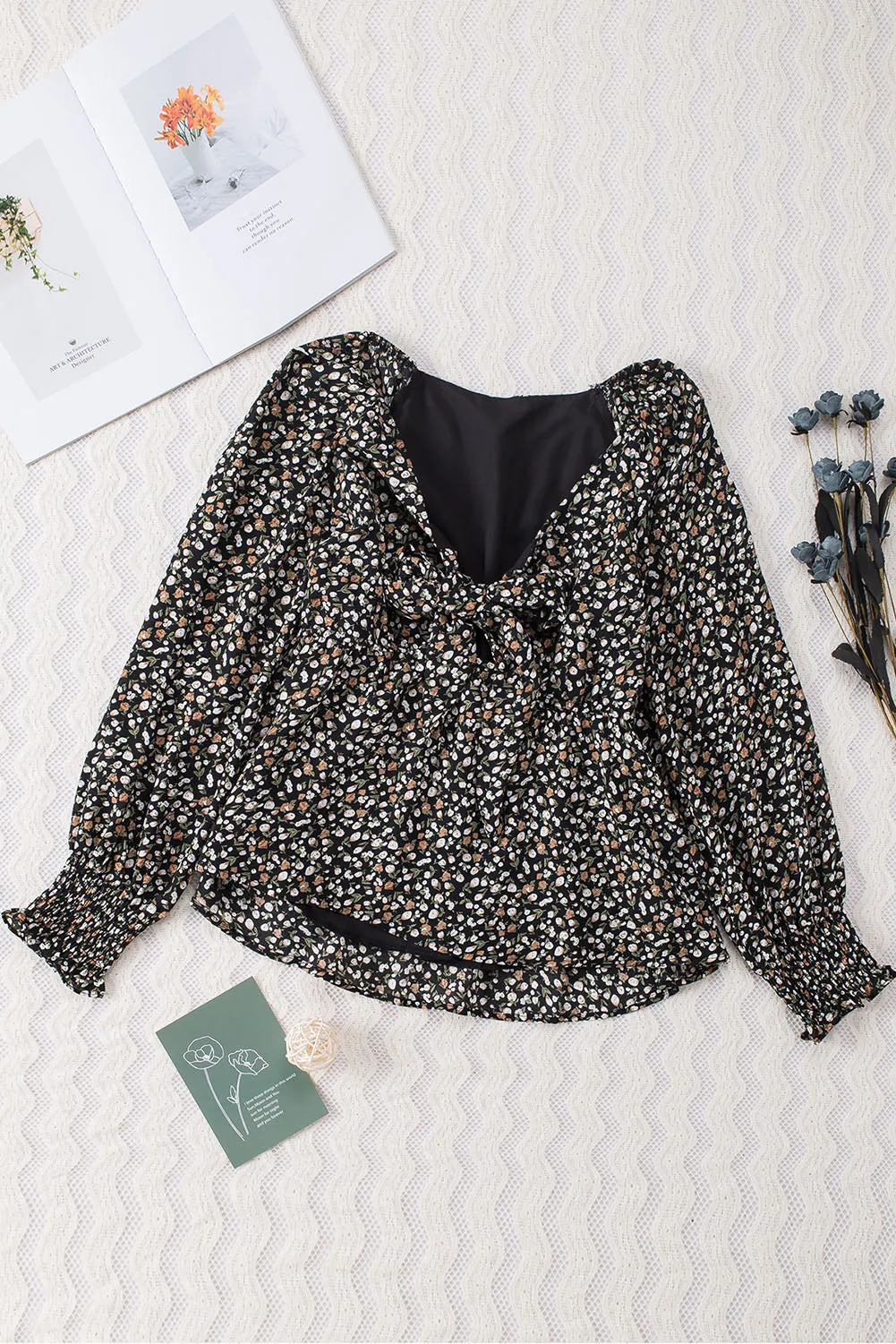 Floral Print Front Tie Ruffled Long Sleeve Blouse