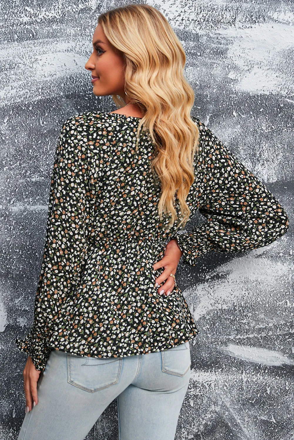 Floral Print Front Tie Ruffled Long Sleeve Blouse