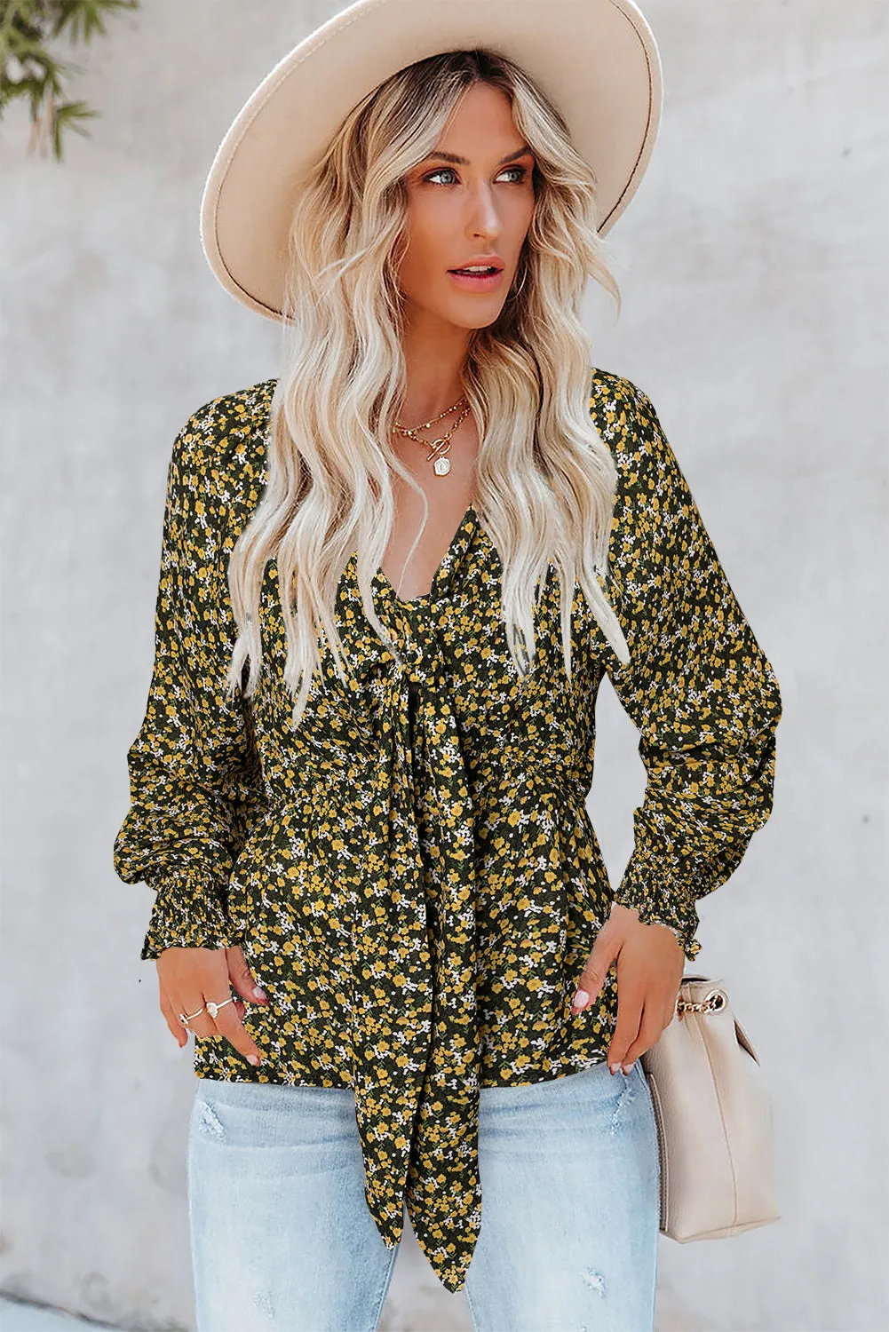 Floral Print Front Tie Ruffled Long Sleeve Blouse