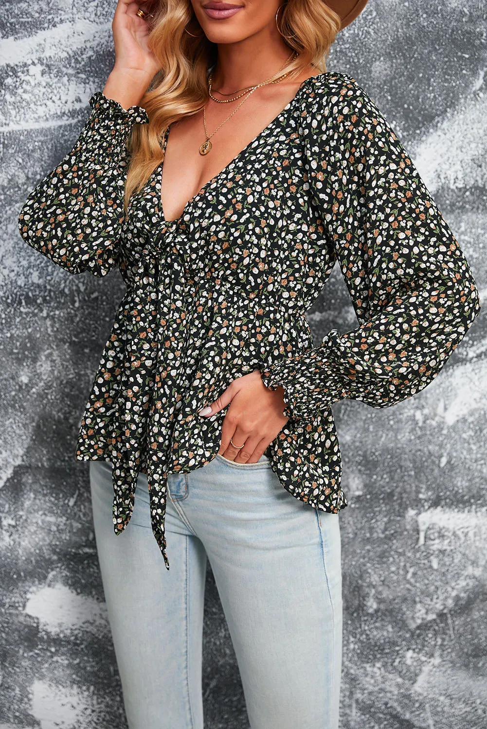 Floral Print Front Tie Ruffled Long Sleeve Blouse