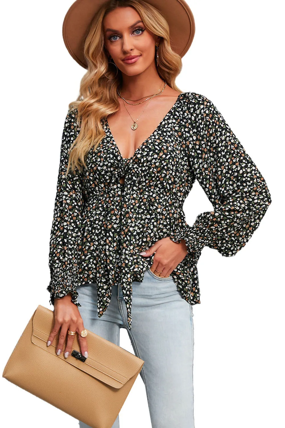 Floral Print Front Tie Ruffled Long Sleeve Blouse