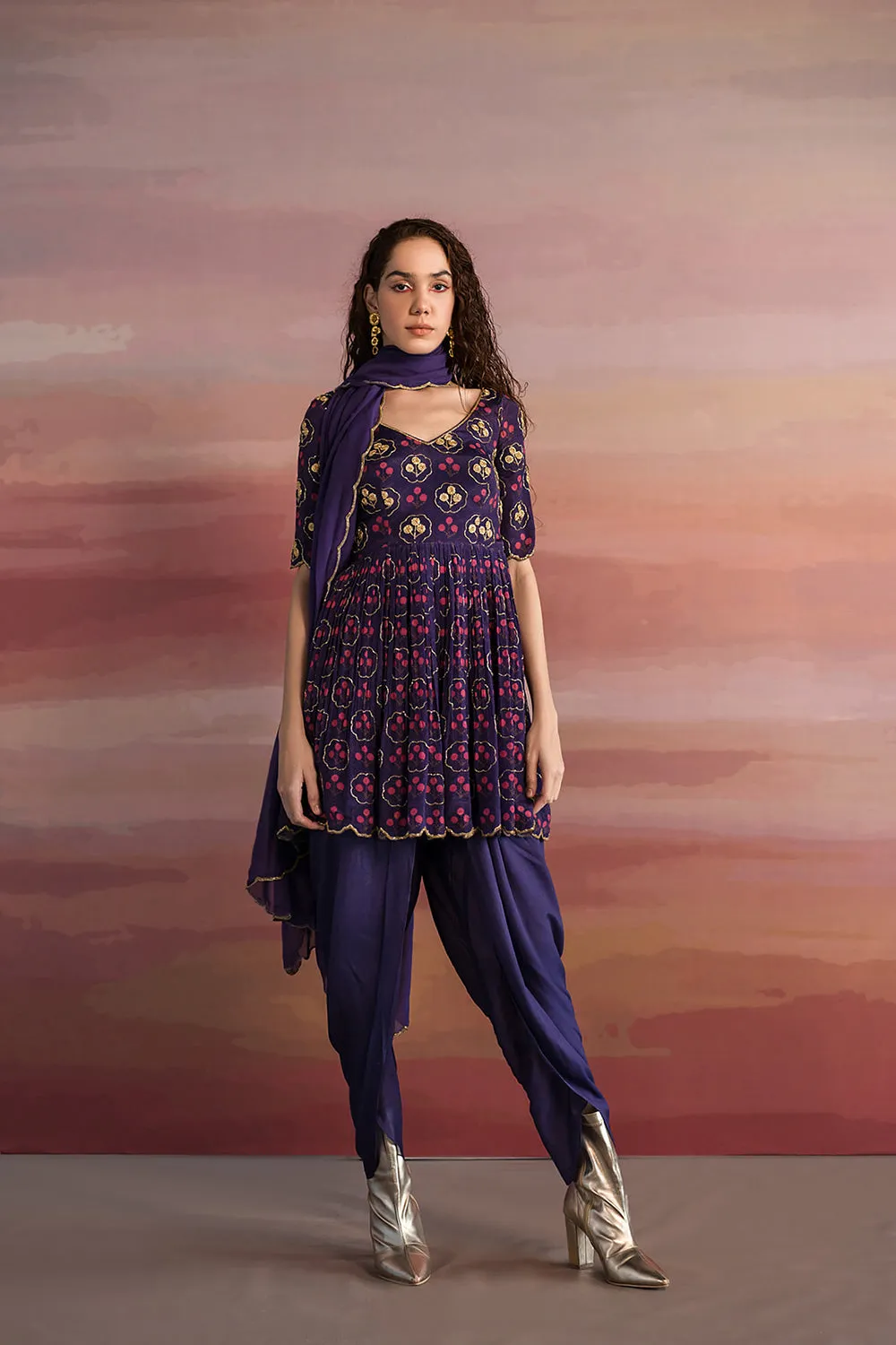 Floral Print Peplum Kurta Dhoti Set