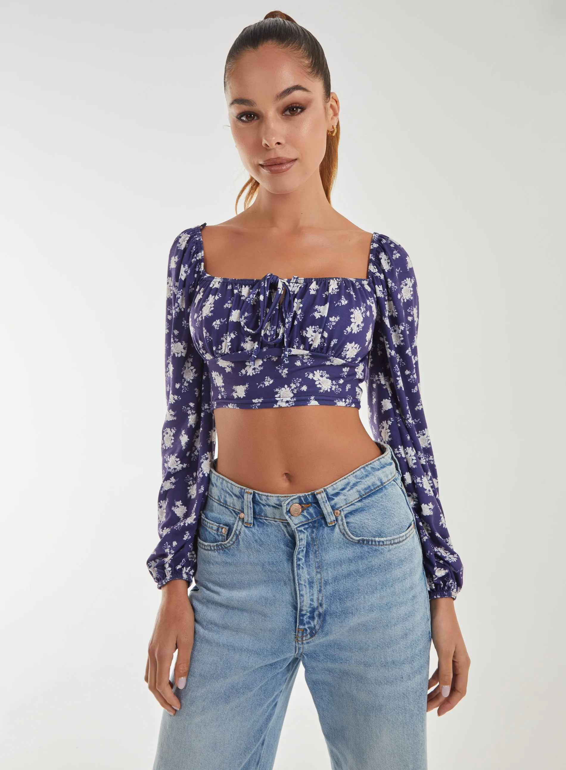 Floral Printed Long Balloon Sleeve Top