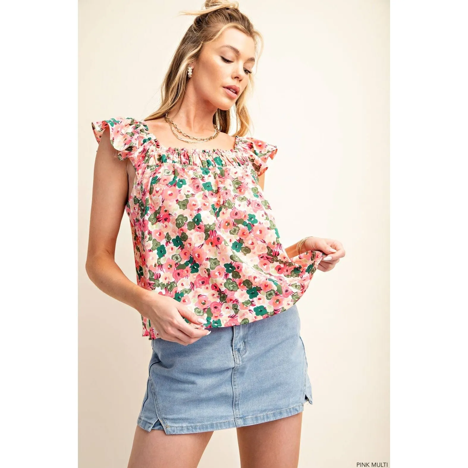 Flowery Peach Skin Fabric Square Neckline Top