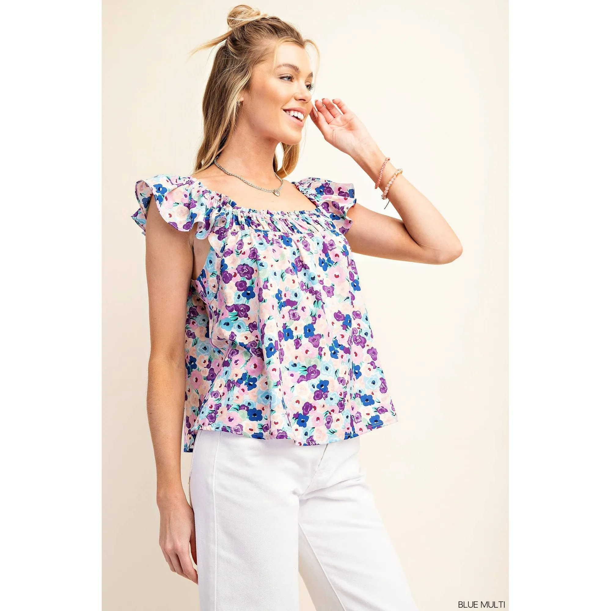 Flowery Peach Skin Fabric Square Neckline Top