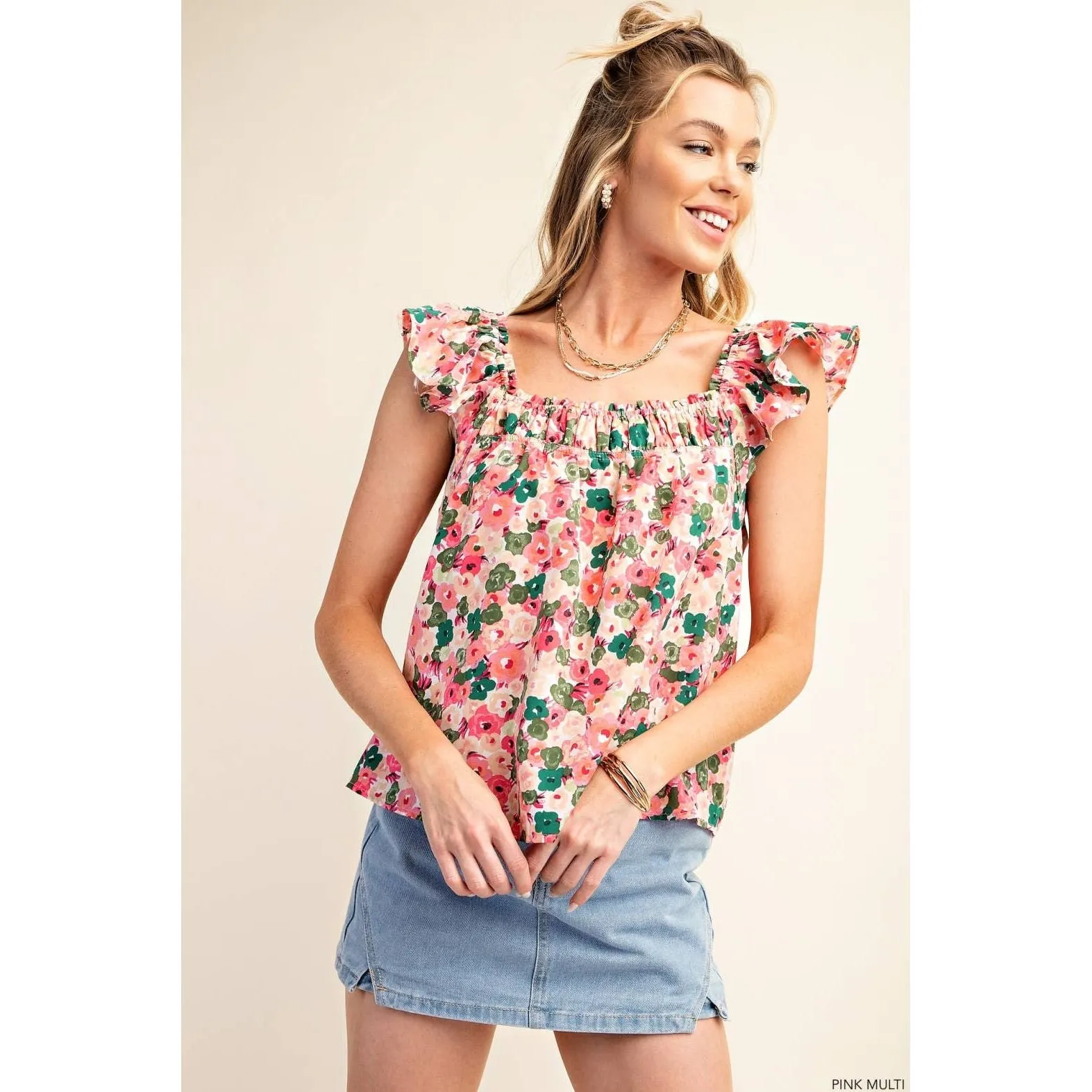 Flowery Peach Skin Fabric Square Neckline Top