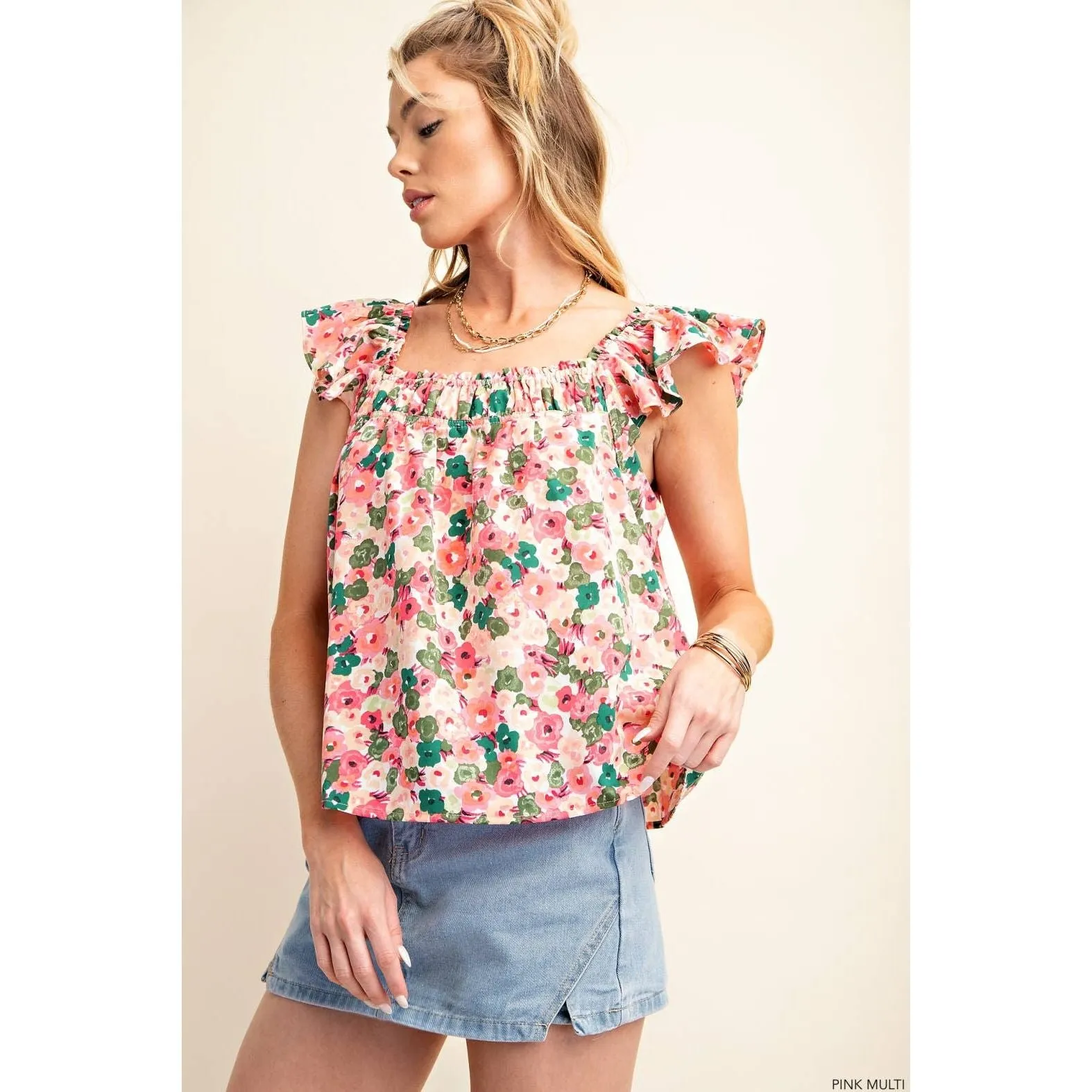 Flowery Peach Skin Fabric Square Neckline Top