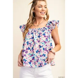 Flowery Peach Skin Fabric Square Neckline Top