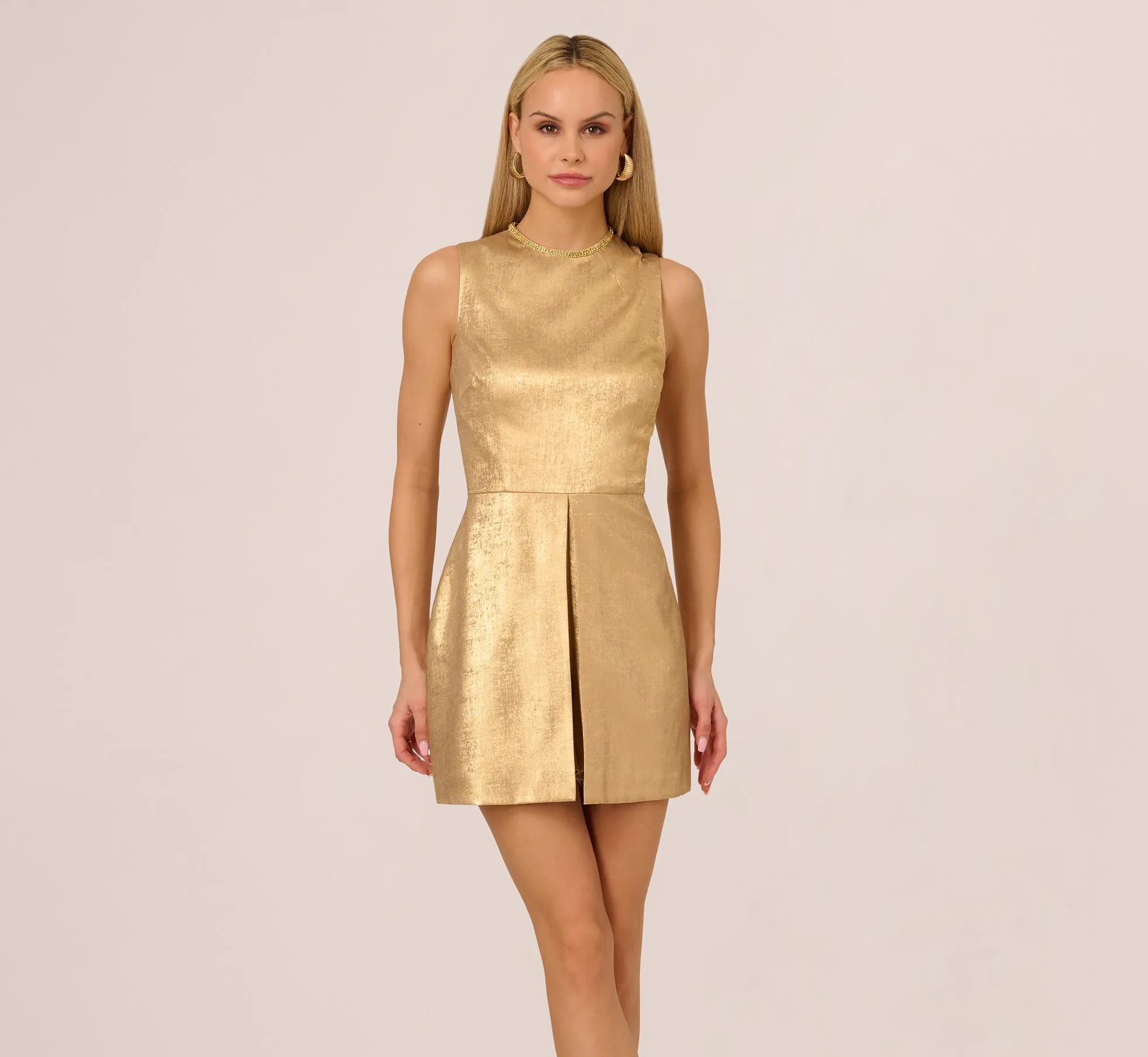 Foiled Sleeveless Beaded Collar Overlay Romper In Light Gold