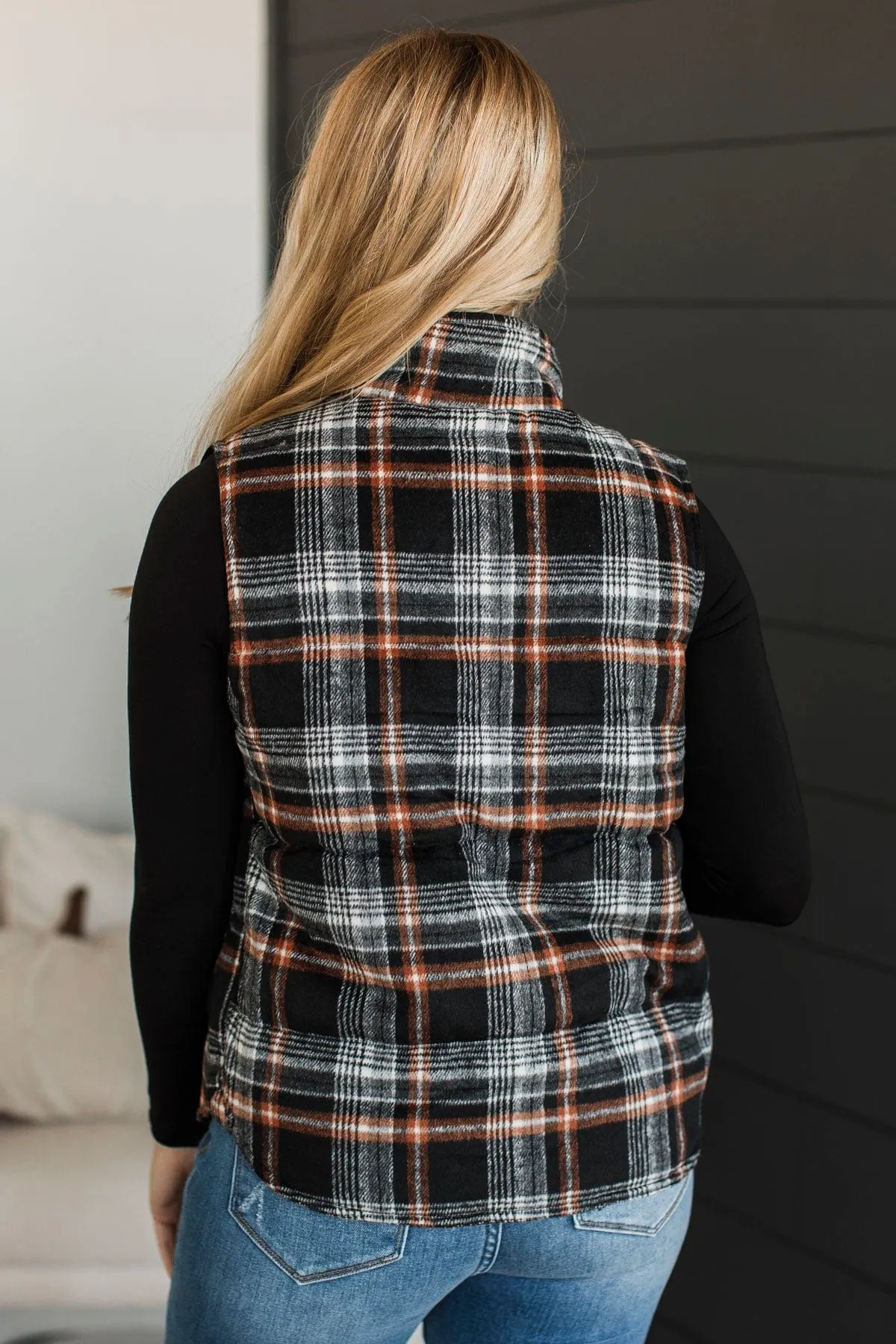 For You Always Plaid Puffer Vest- Black & Orange