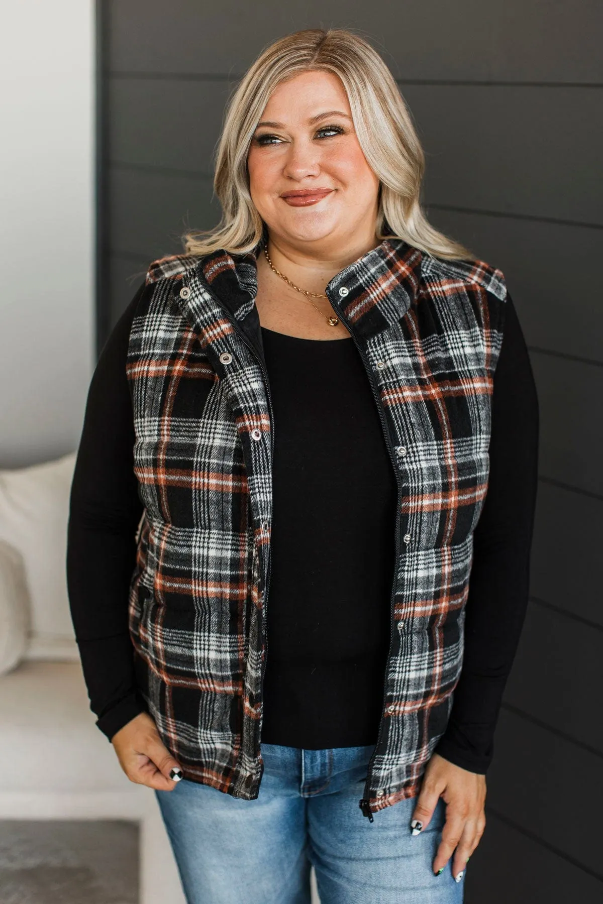 For You Always Plaid Puffer Vest- Black & Orange