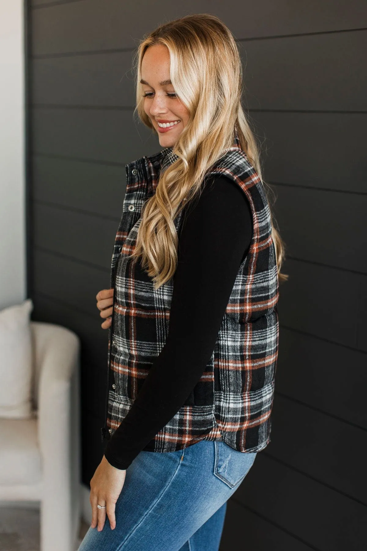 For You Always Plaid Puffer Vest- Black & Orange