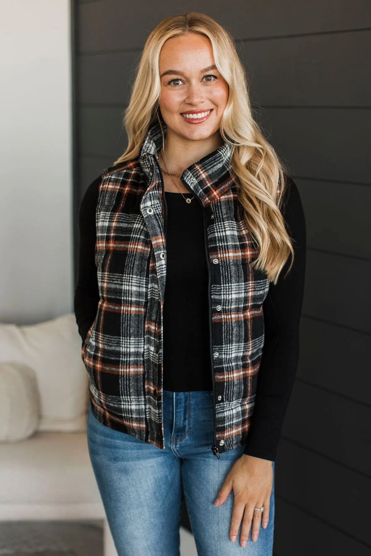 For You Always Plaid Puffer Vest- Black & Orange