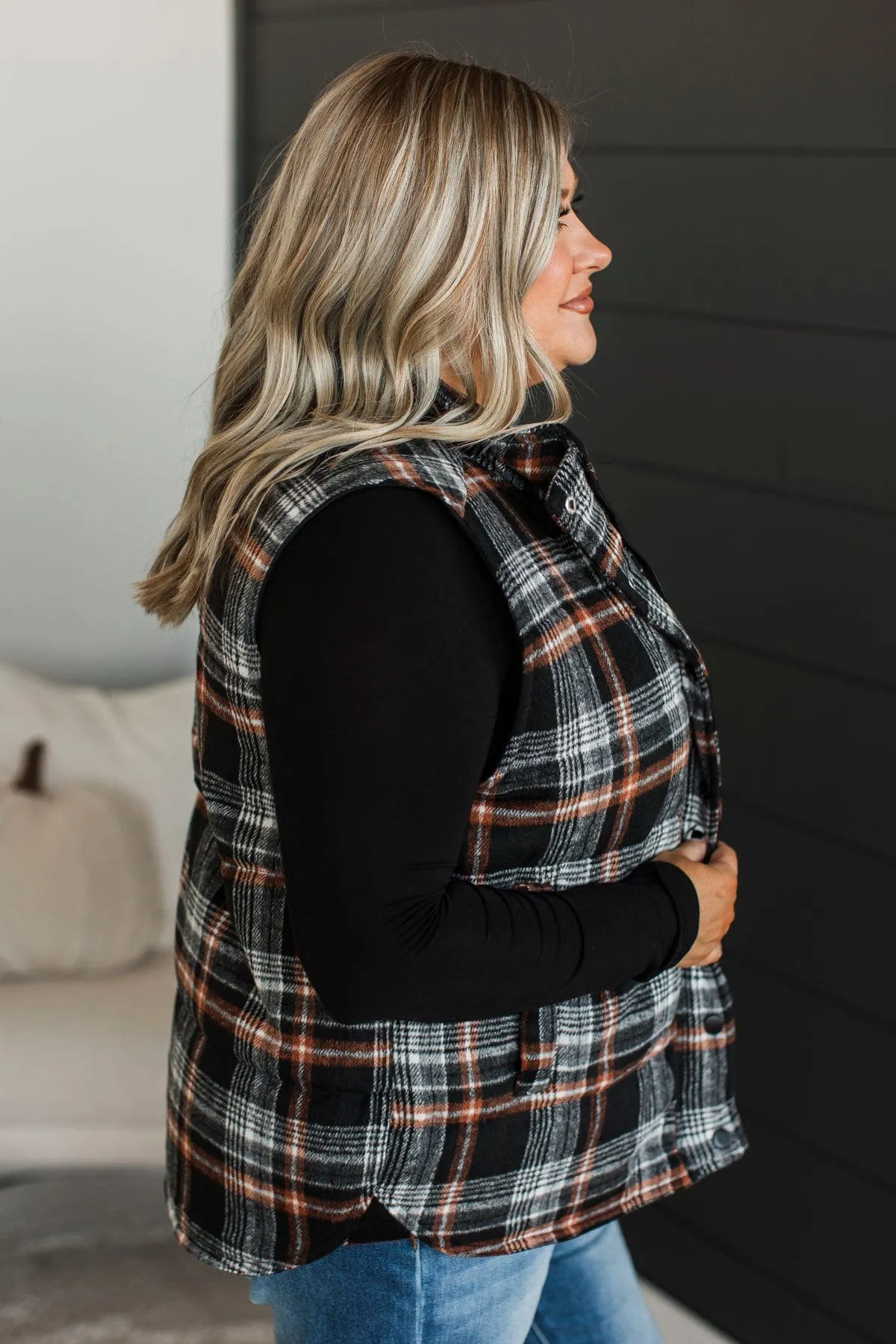 For You Always Plaid Puffer Vest- Black & Orange