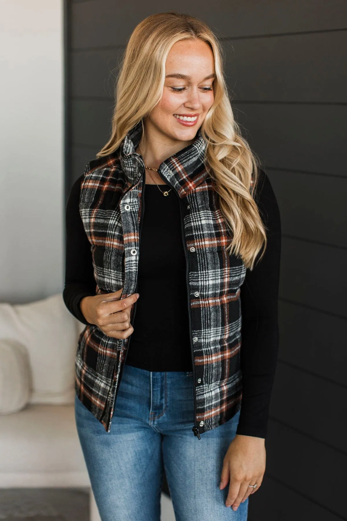 For You Always Plaid Puffer Vest- Black & Orange